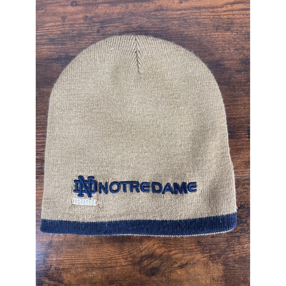 Notre Dame Fighting Irish Reversible Beanie Tan Navy Blue Knit Hat NCAA Logo